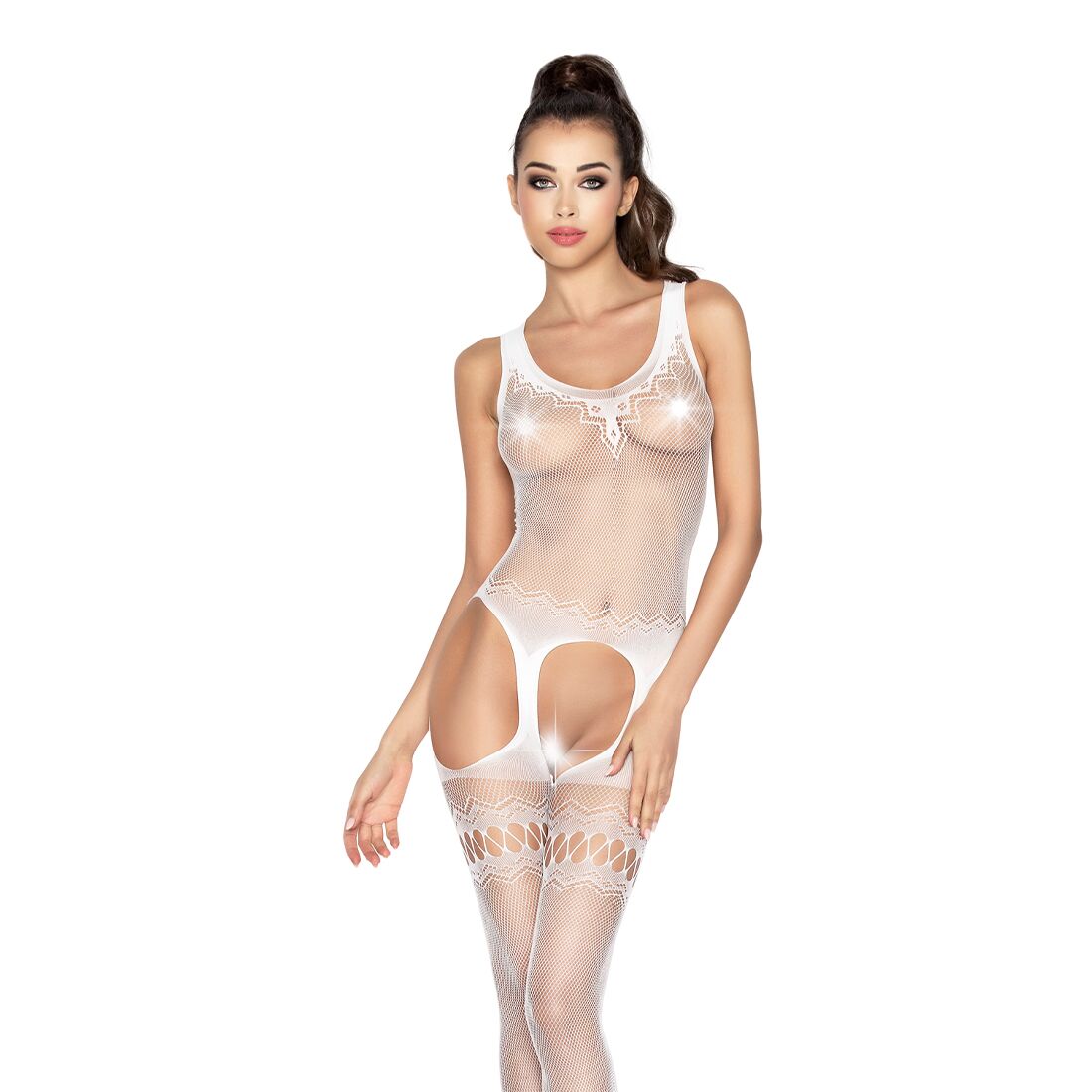 Бодістокінг passion bs038 white, комбінезон, імітація панчіх і пояса