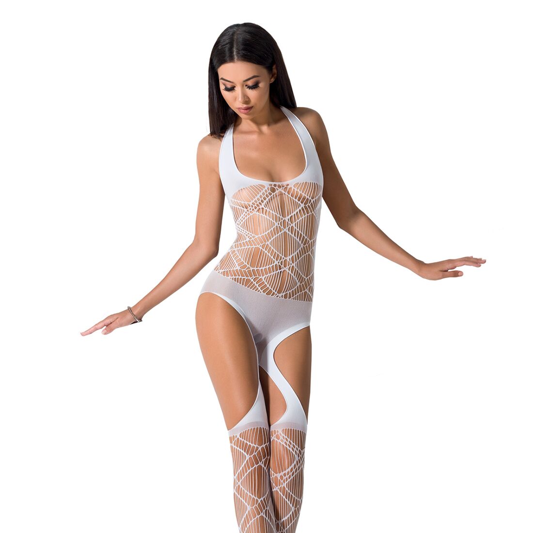 Бодістокінг passion bs060 white, комбінезон, імітація трусиків і гольфів