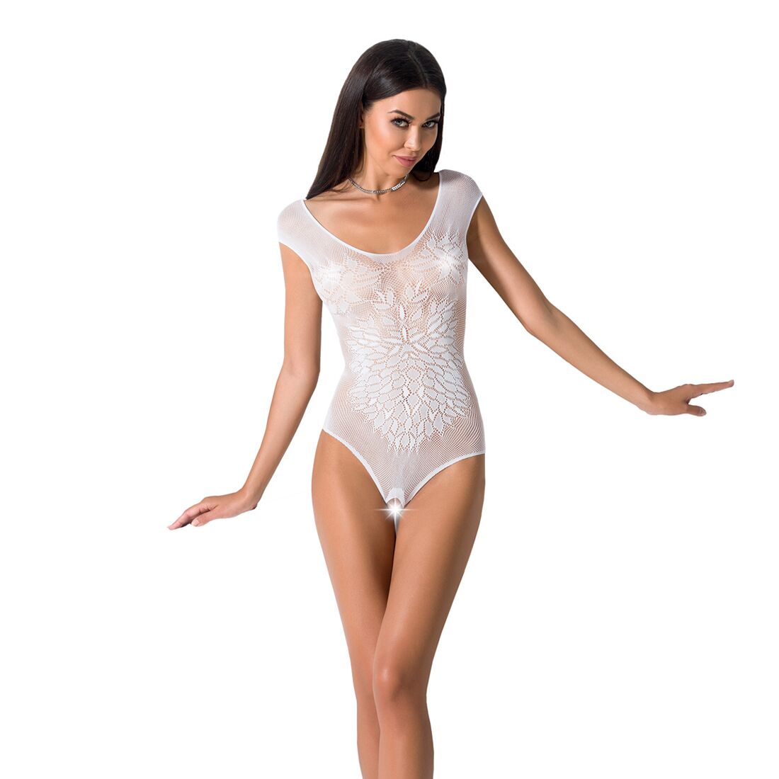 Бодістокінг passion bs064 one size, white, боді, закрите плече, відкритий доступ