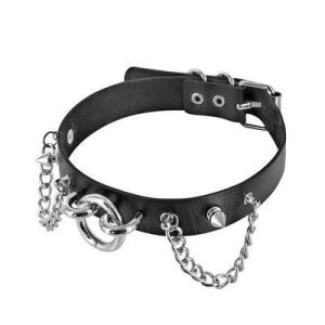 Нашийник ланцюжками, шипами і кільцем fetish tentation choker rings and chains, екошкіра