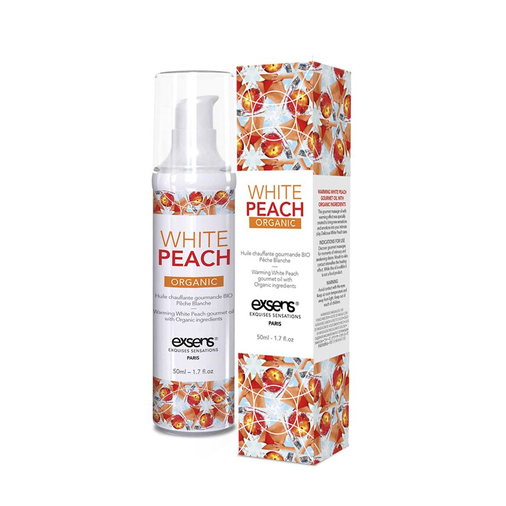 Масажна олія exsens organic white peach 50мл розігрівальна, без цукру, без парабенів, їстівна
