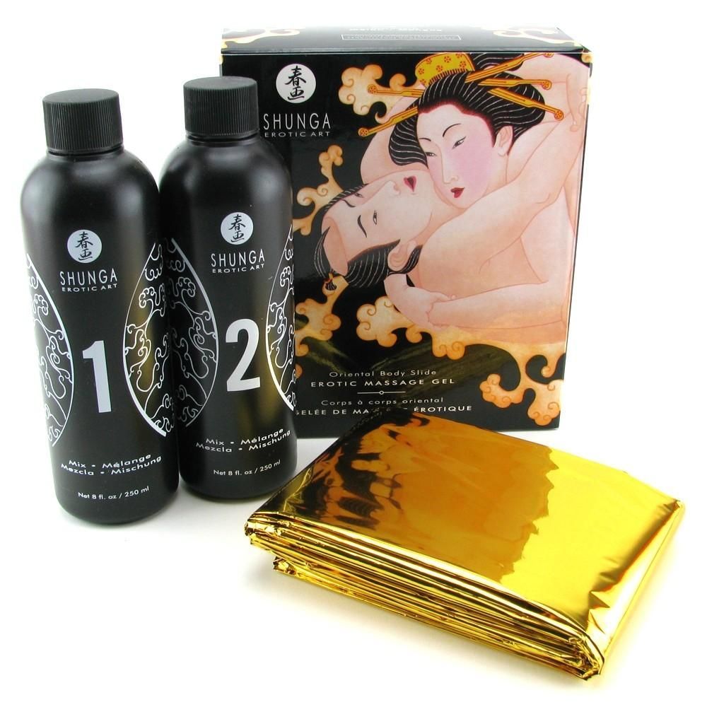 Гель для nuru масажу shunga oriental body to body – melon mango (2 x 225 мл) плюс простирадло