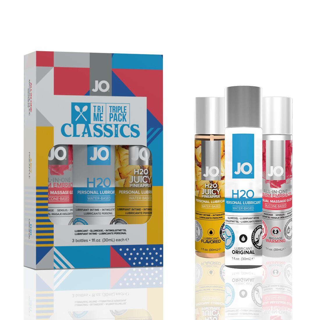 Набір jo tri me triple pack — classics (3×30 мл) водна, силіконова та смакова змазка