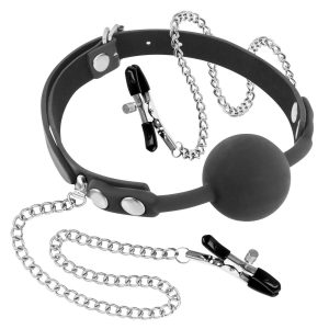 Кляп з силіконовою кулькою і затискачами для сосків fetish tentation gag ball with nipple clamps
