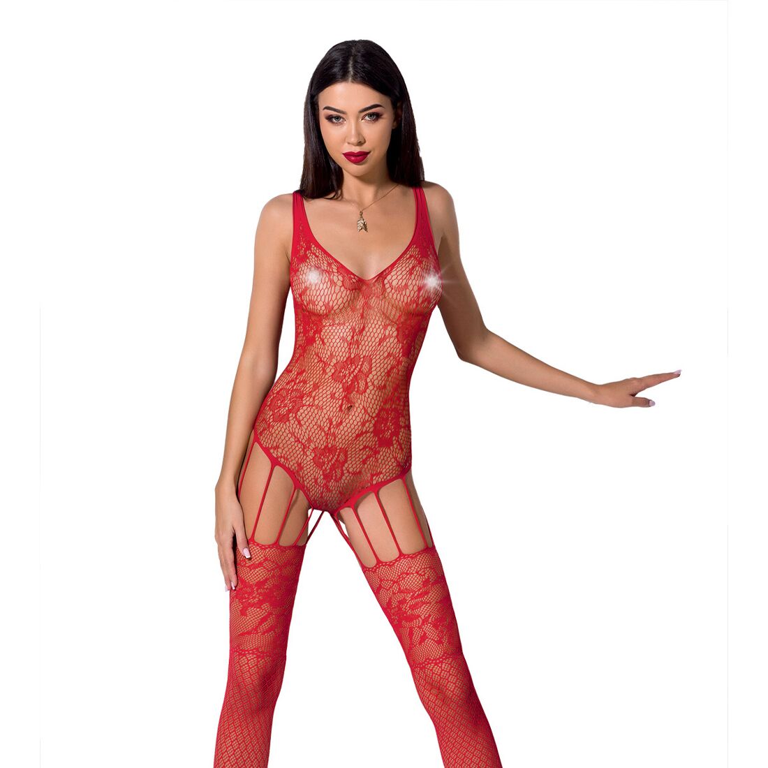 Ажурний бодістокінг з імітацією панчіх passion bs074 red